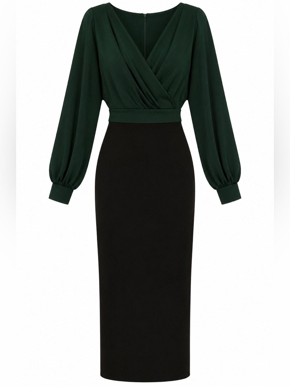 Grace Karin Green Wrap Bodice with Black Pencil Skirt (One Piece) Midi Dress L